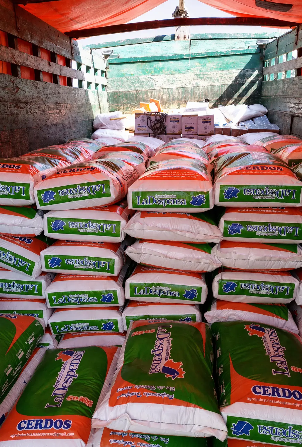 Camión de distribución cargado con sacos para cerdos