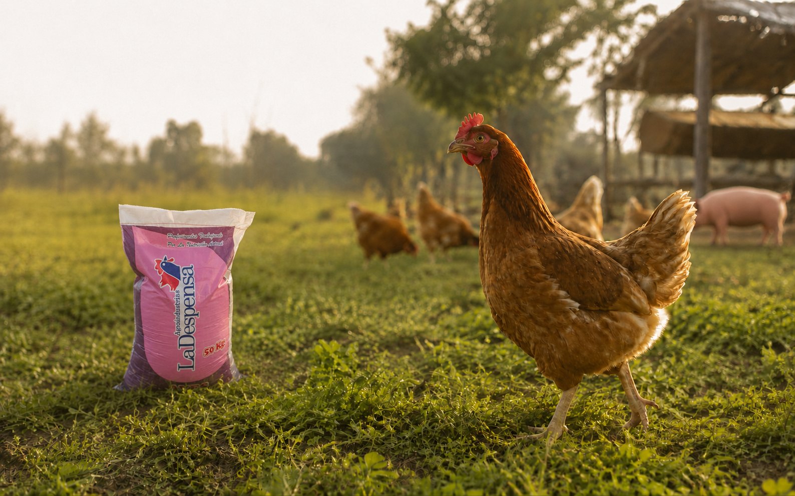 Gallinas alimentándose junto a un saco de alimento La Despensa